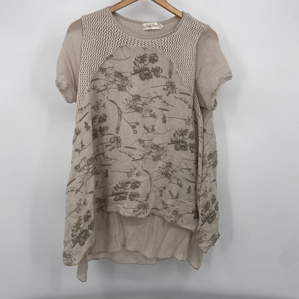 Simply Couture Womens Small Tan Floral Crochet Mixed Media High Low Blouse Top